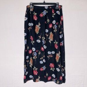 Vintage Handmade Black With Floral Print Midi Skirt L